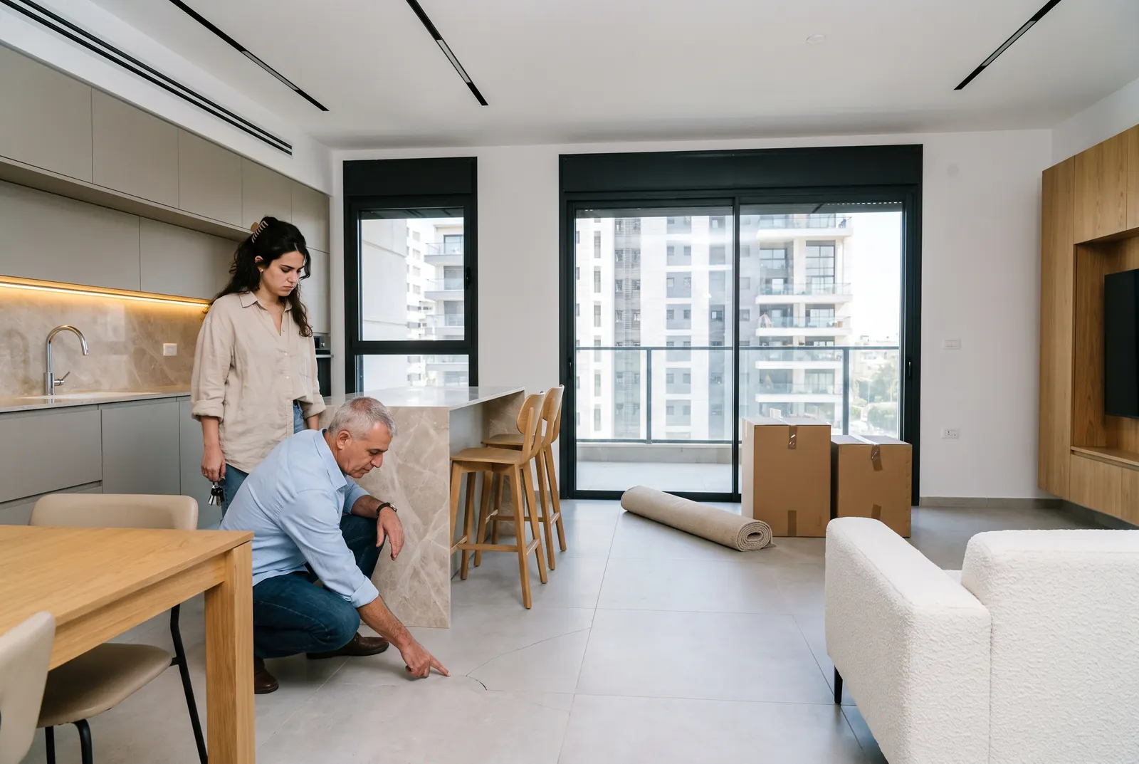 הדמיה: יום היציאה. המשכיר כורע ומצביע על סדק ברצפה, והשוכרת עומדת לידו עם המפתחות ביד.